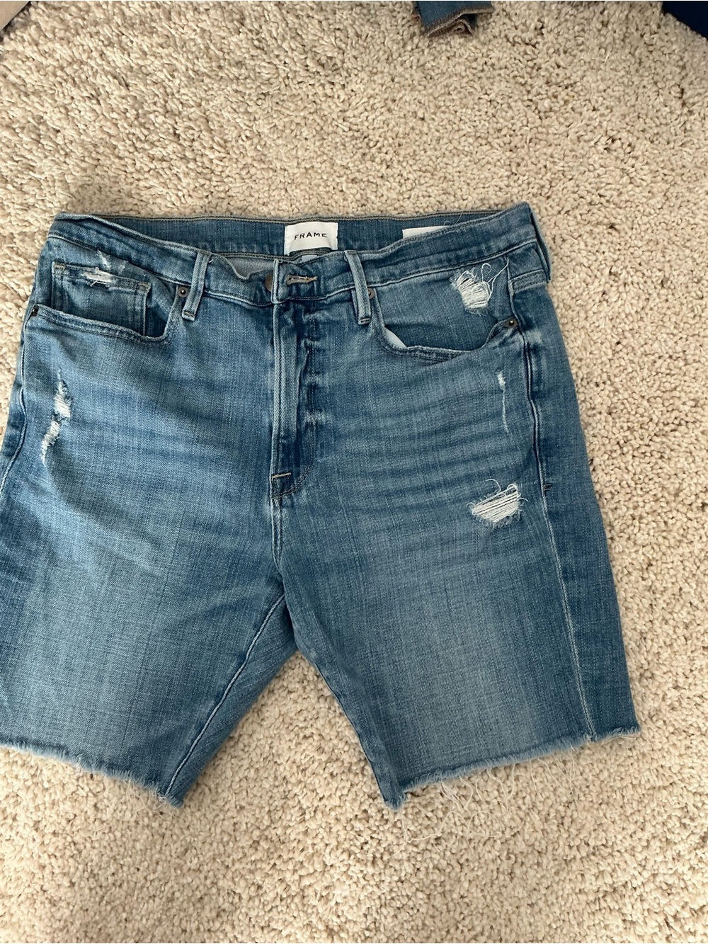 Frame Denim Light Blue Le Beau Distressed Denim Shorts